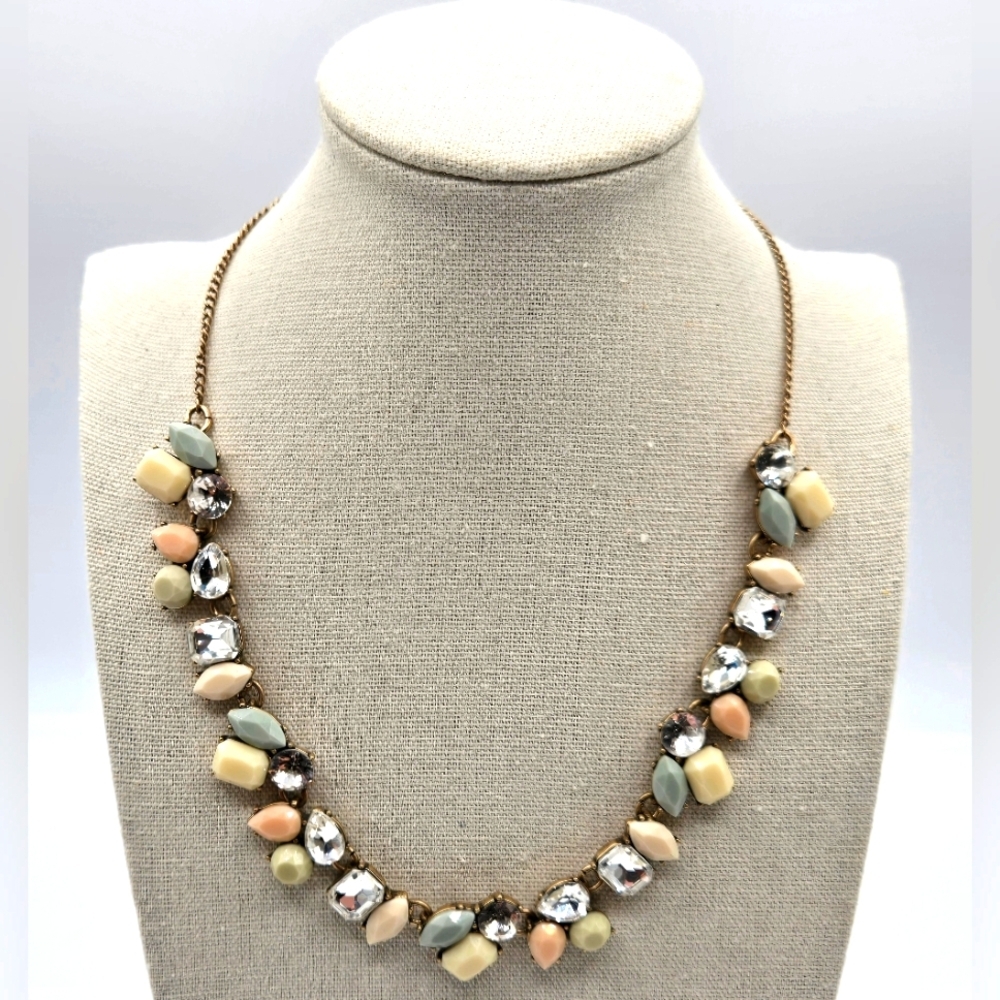 J. CREW VIntage Statement Necklace Faux Pastel Stones Rhinestones Gold Tone